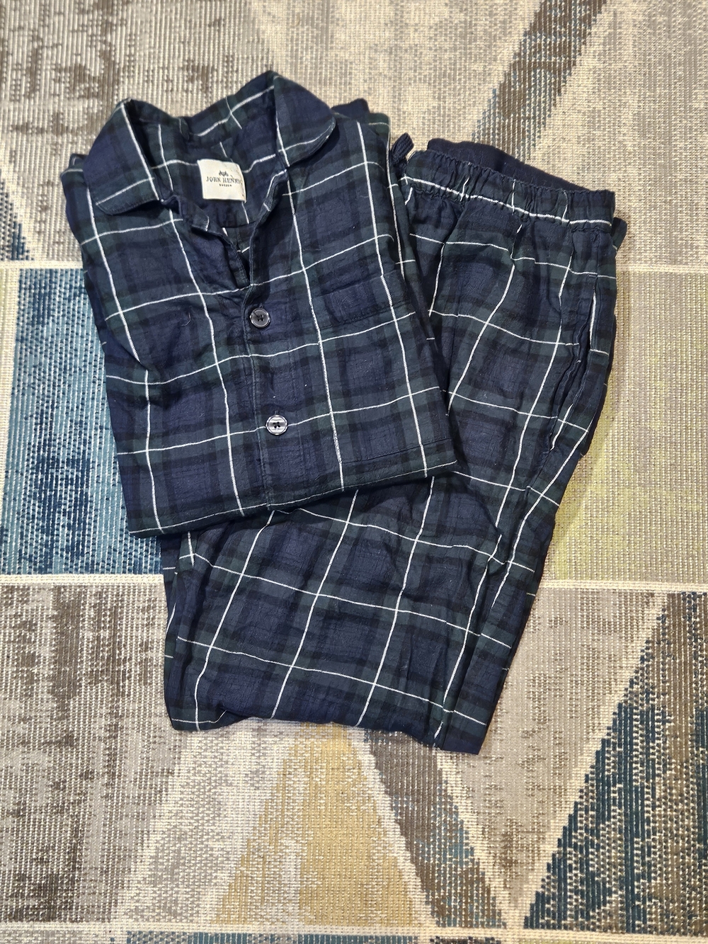 John Henric Navy & Red Plaid Cotton Flannel Pajama Set - Size M